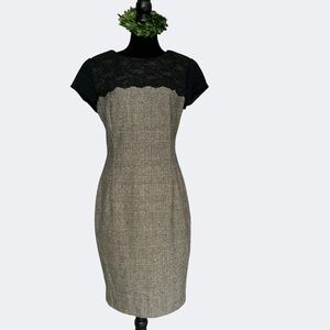 Zara Black Glen Plaid Wool Blend Cap Sleeve Sheath Dress Lace Overlay SZ L (M)